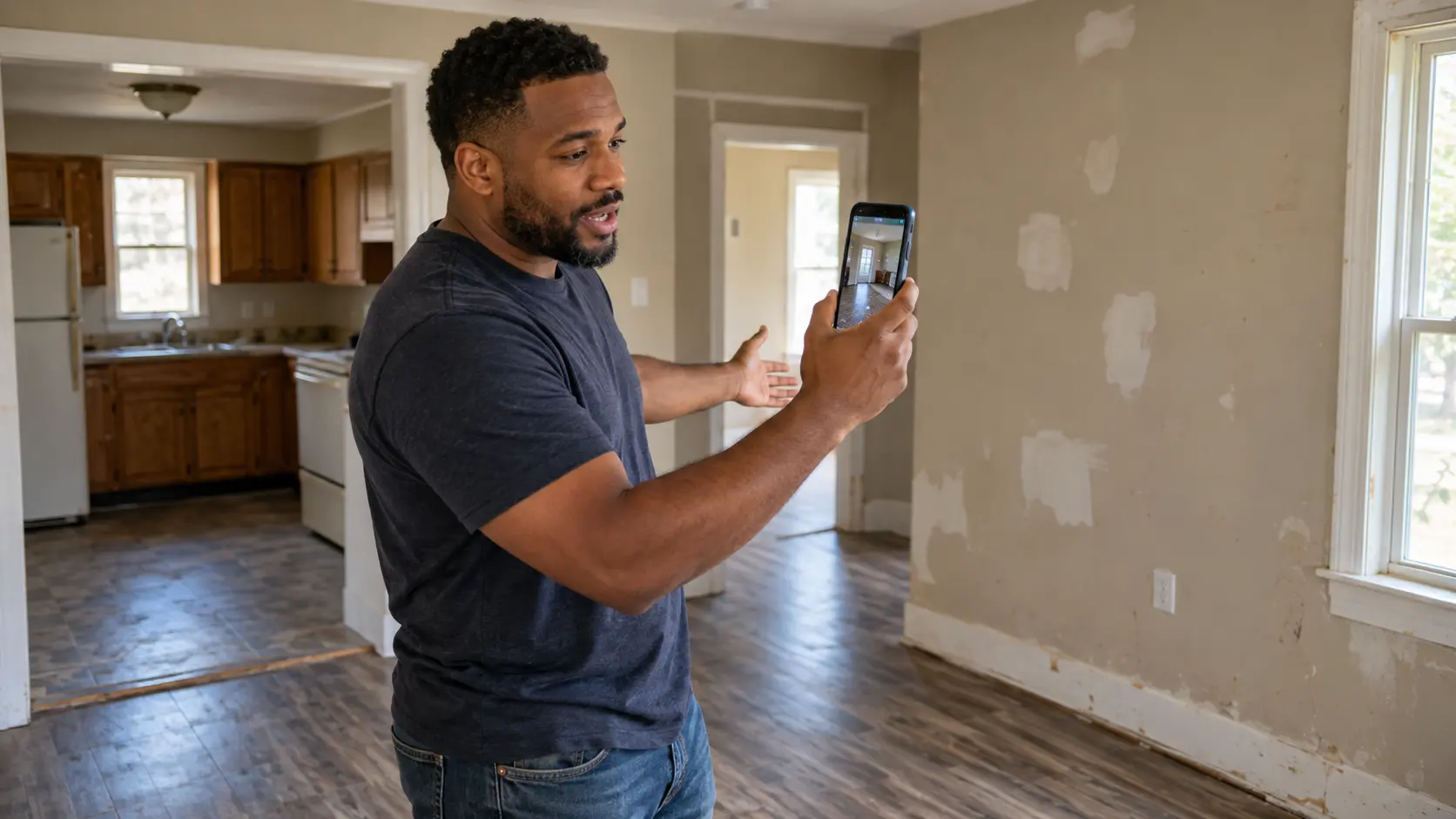 Casually dressed real estate investor speaking into the WholesaleMentary-style phone assistant while evaluating repairs inside an older home