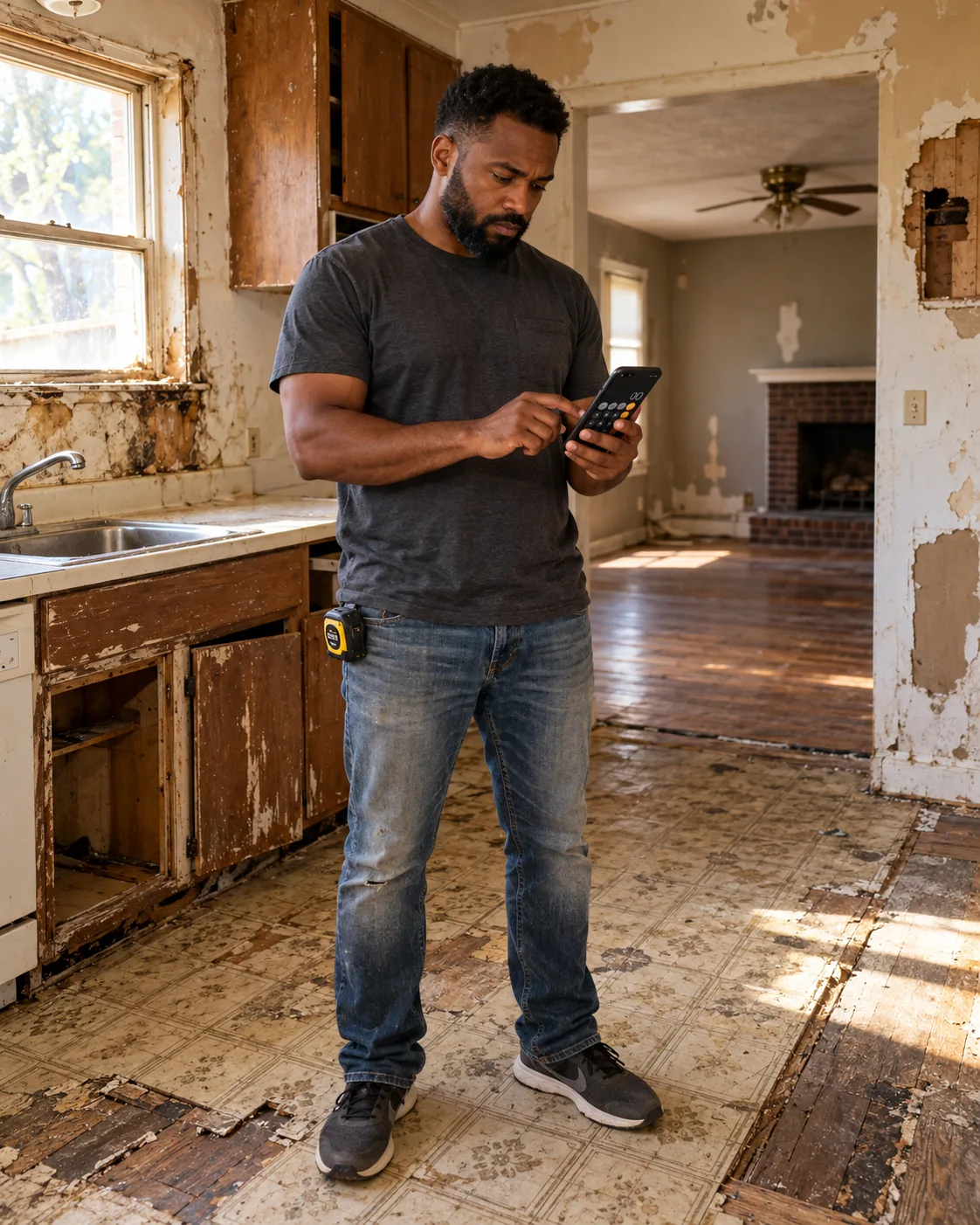 Casually dressed real estate investor using a calculator on his phone inside a fixer-upper with peeling paint, deteriorated floors, and worn cabinets