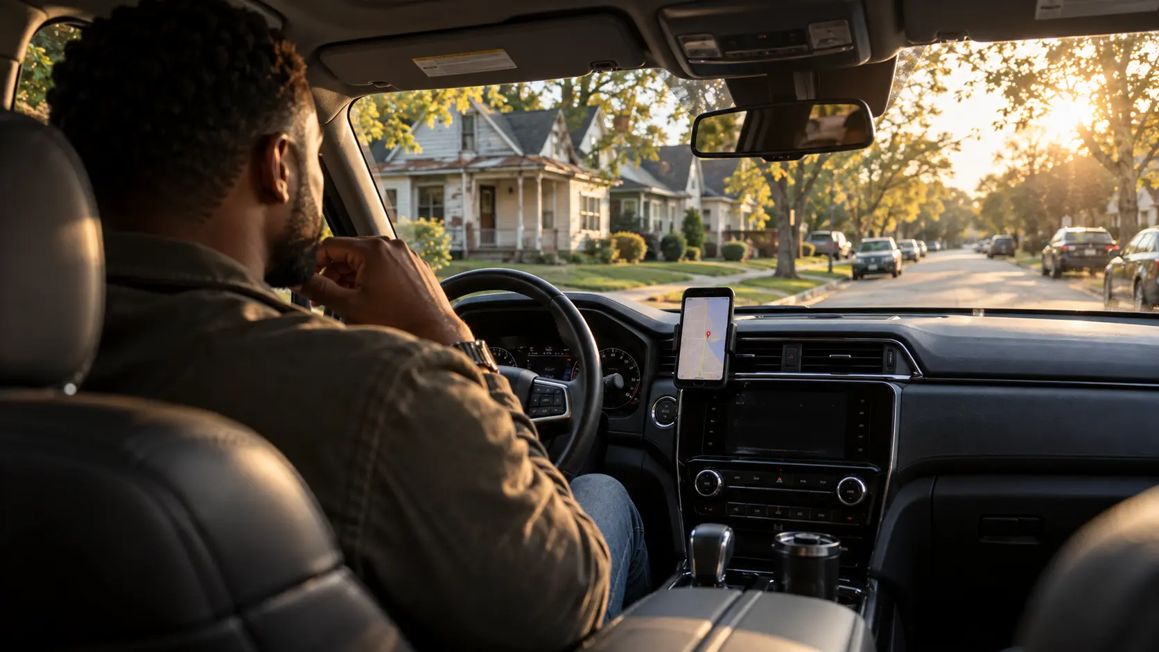 Investor scouting a residential neighborhood from a parked SUV with a map on the dashboard