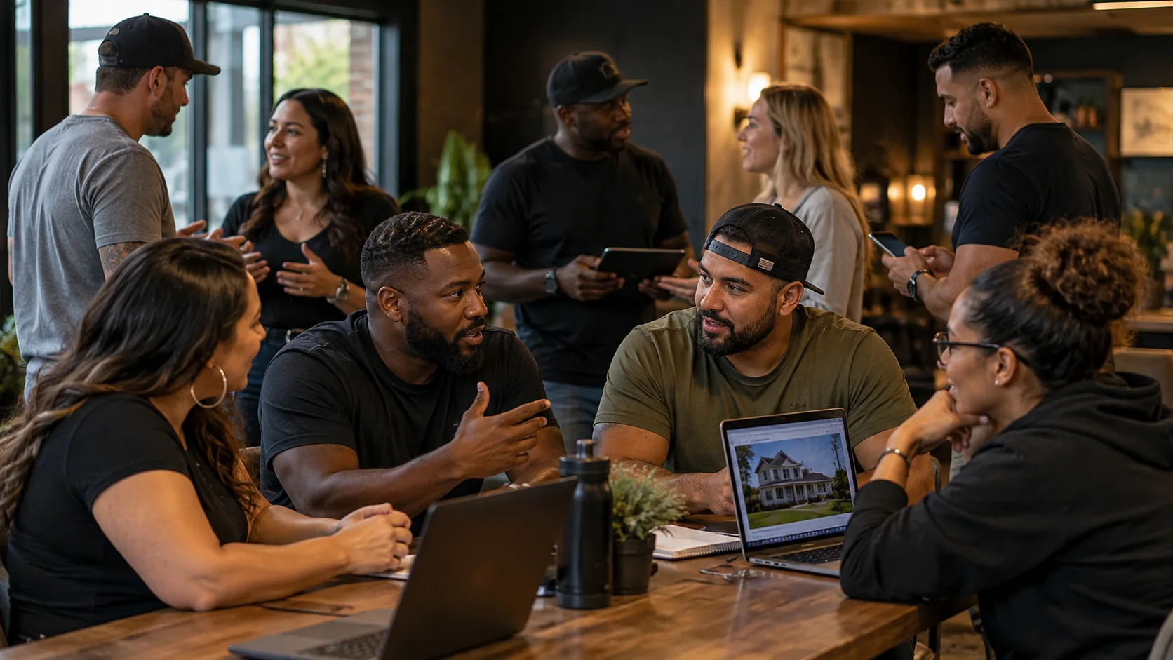 Everyday Black, white, and Hispanic men and women actively networking and discussing residential real estate in a casual gathering