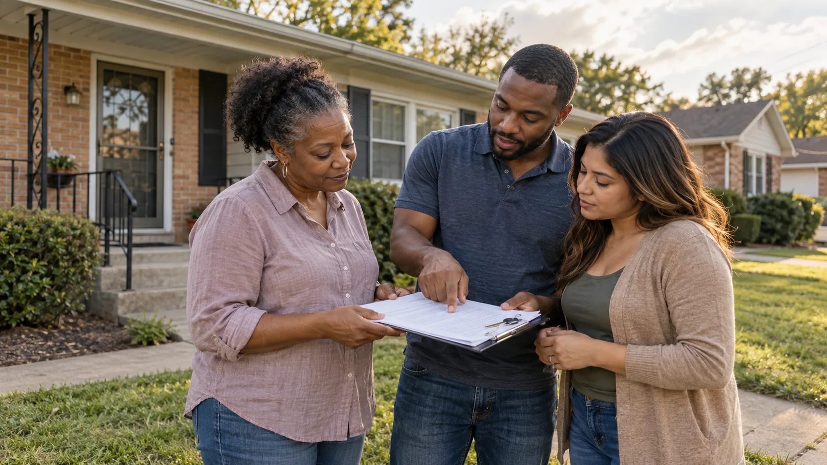 A casually dressed homeowner and prospective tenant-buyers discussing a lease-option arrangement outside an ordinary brick ranch house