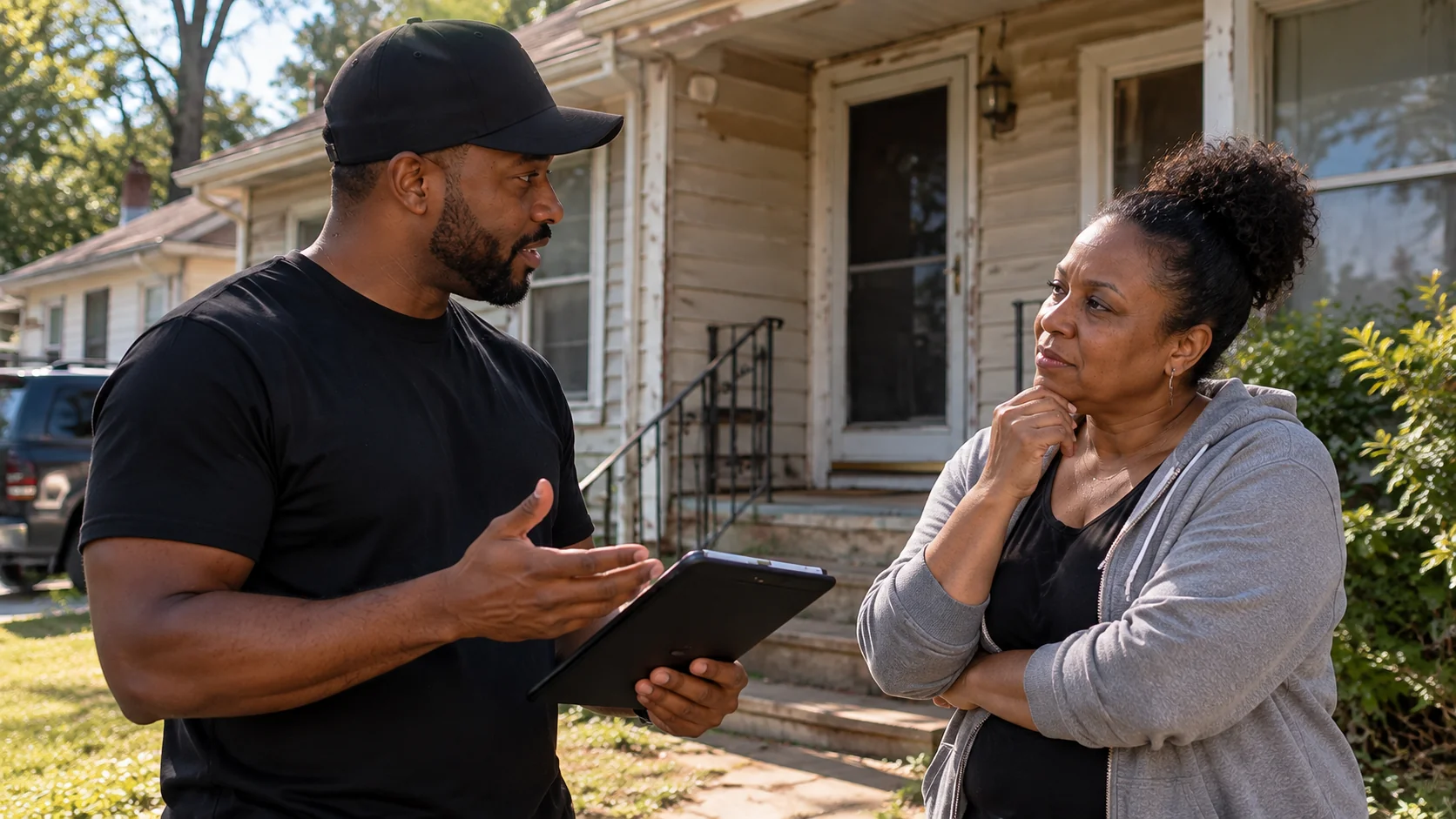 Casually dressed real estate wholesaler and homeowner having a thoughtful conversation outside an ordinary single-family house with visible age and wear, with no advertisement graphics