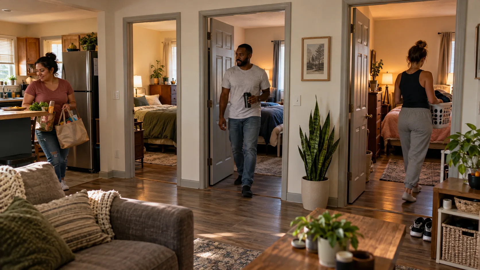 A shared ordinary home with three separate occupied rented bedrooms and Black, white, and Hispanic residents moving naturally between private rooms and shared kitchen