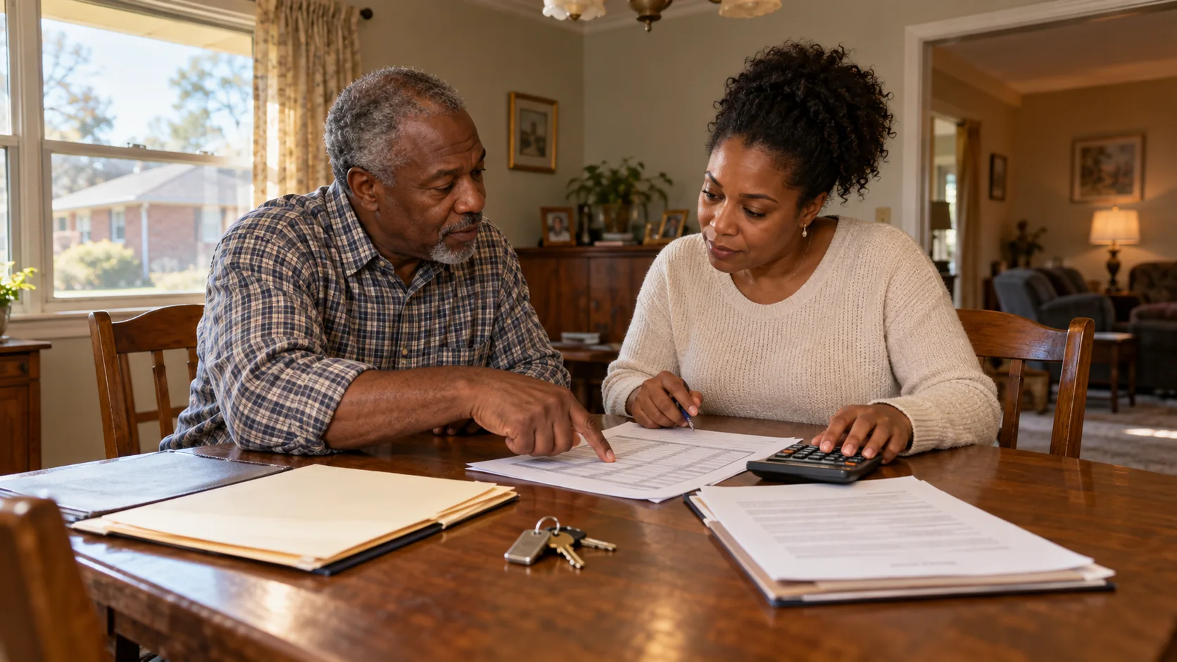 Older homeowner and prospective buyer using a payment schedule and calculator at a simple wooden table in an ordinary house