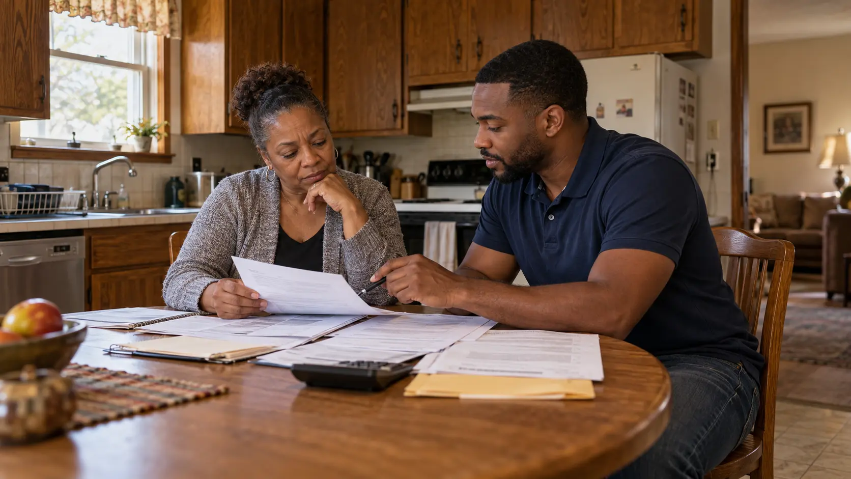 Homeowner and casually dressed real estate investor carefully reviewing mortgage papers at a kitchen table in a modest older house